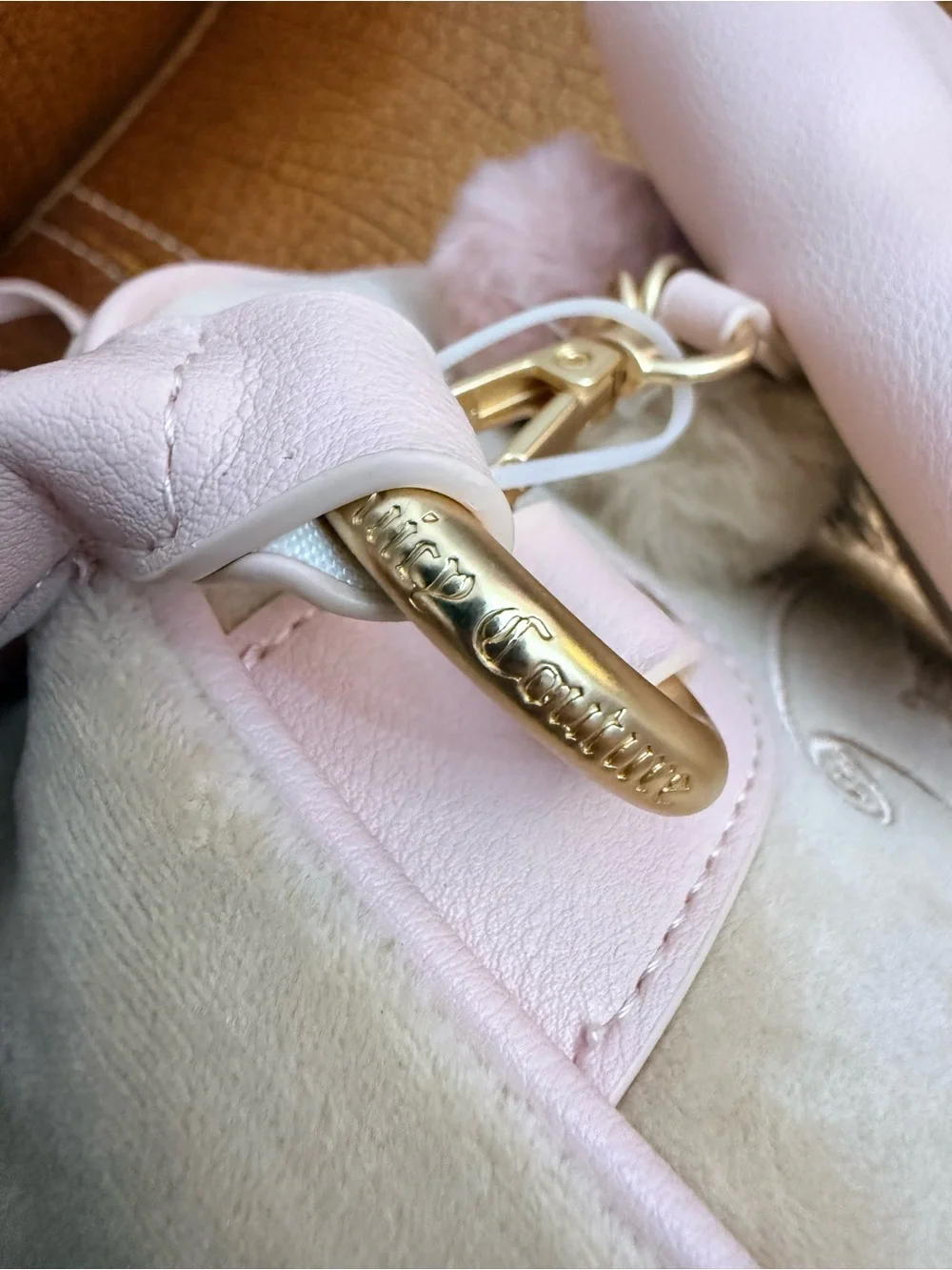 Juicy Couture Blush Pink Suede and Leather Satchel with Pom-Pom Charm